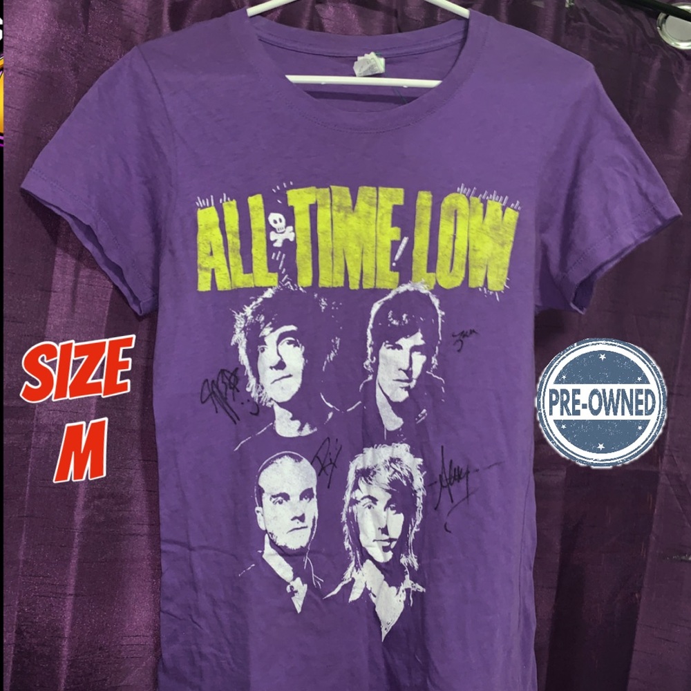 All Time Low Band Purple T Shirt Size M Medium Women With All 4 Autographs